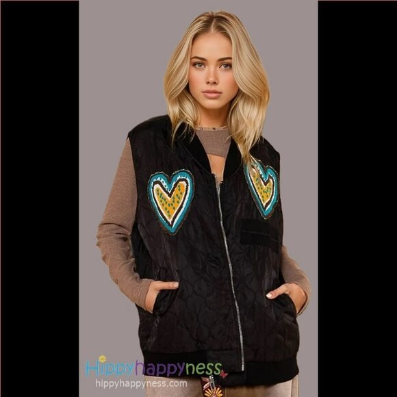POL Clothing Whimsical Light Quilted Vest Black with Heart Patches S/M & M/L NWT - Picture 4 of 5